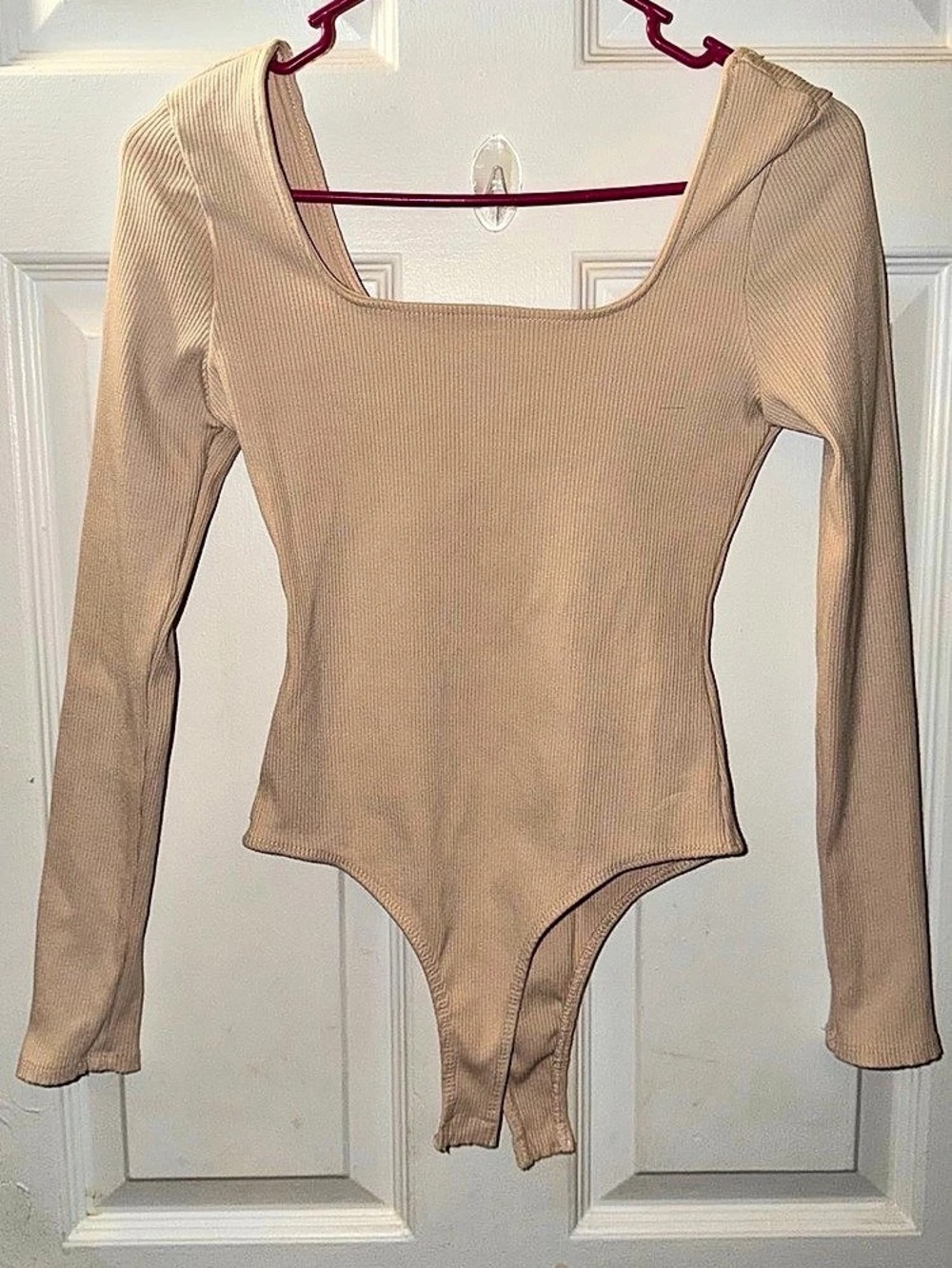 Altar'd State Ribbed Long Sleeve Bodysuit in Beige
